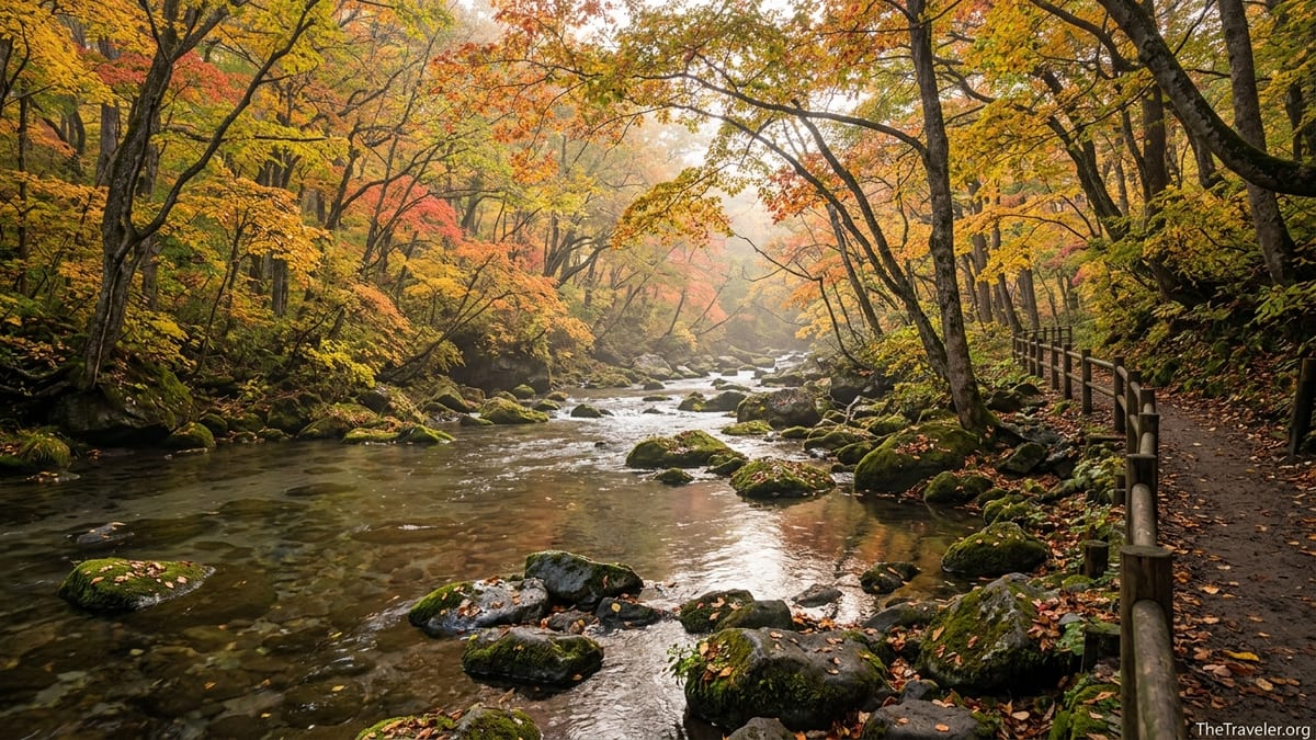 Autumn foliage over Oirase Stream in Tohoku with colorful trees and mossy river rocks.