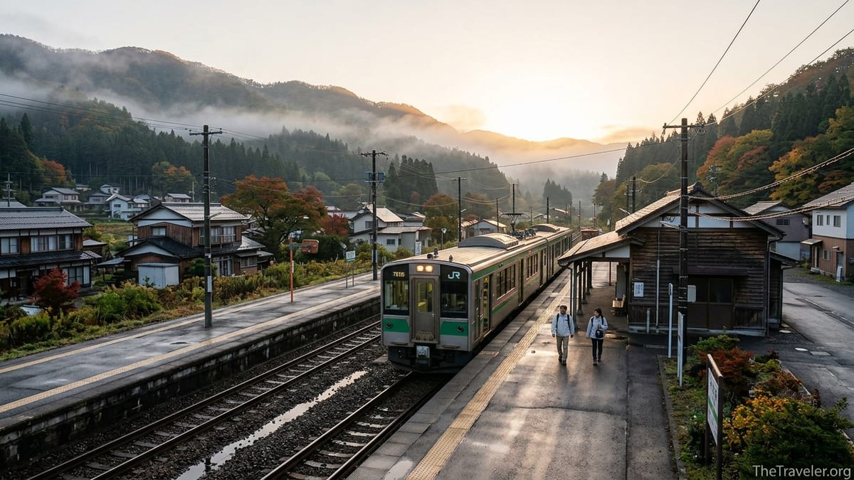 Regional train at a small Tohoku station with forested mountains at sunrise.