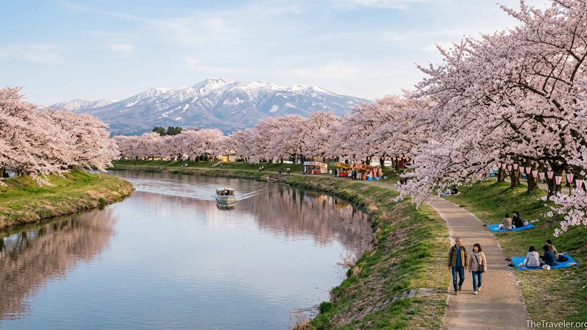 Cherry blossoms along a river in Tohoku with snowy mountains in the distance.
