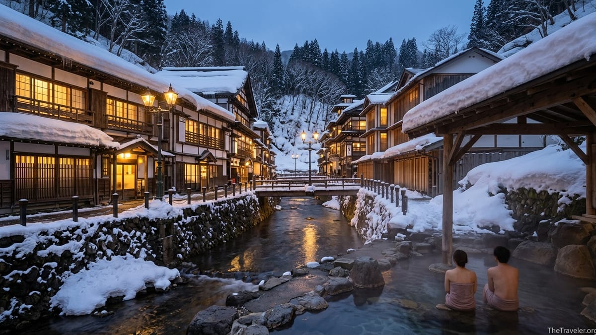 Snowy Tohoku onsen town at dusk with steaming outdoor bath and lit wooden ryokan along a river.