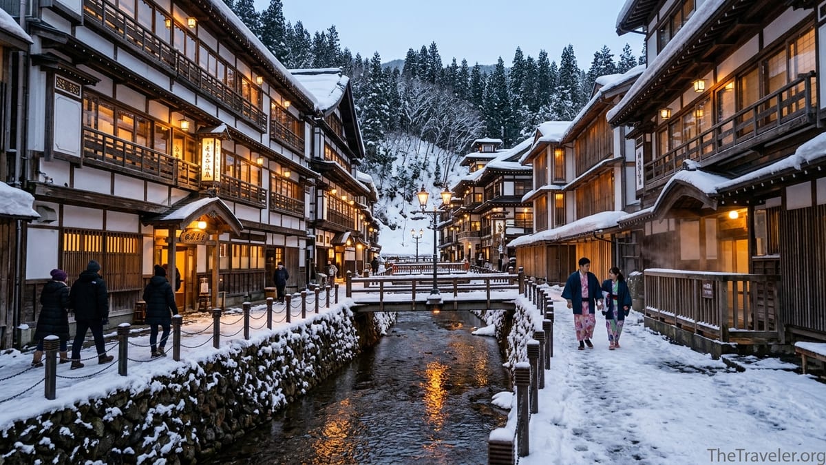 Snow-covered Ginzan Onsen street at twilight with glowing wooden ryokan and lanterns.