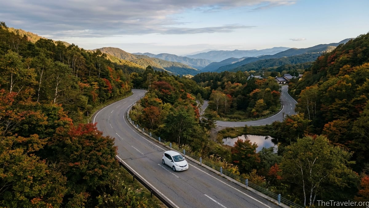 Compact car driving a winding mountain road through early autumn forests in Tohoku, Japan
