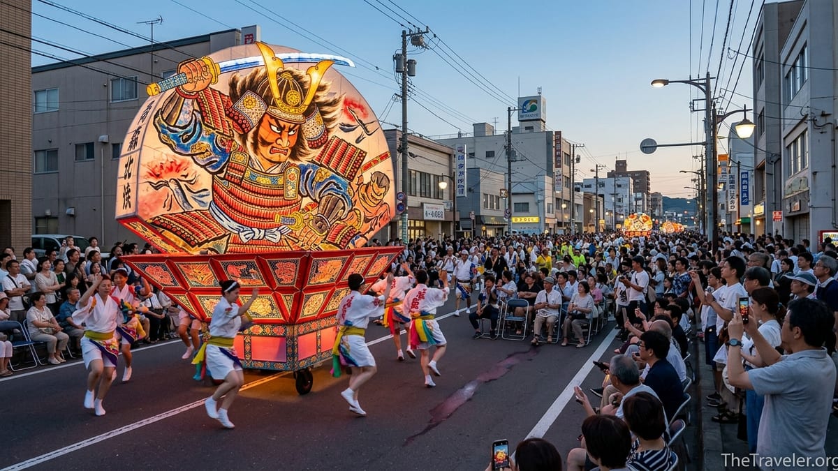 Crowds watching a glowing nebuta float and dancers at Aomori Nebuta Festival at dusk.