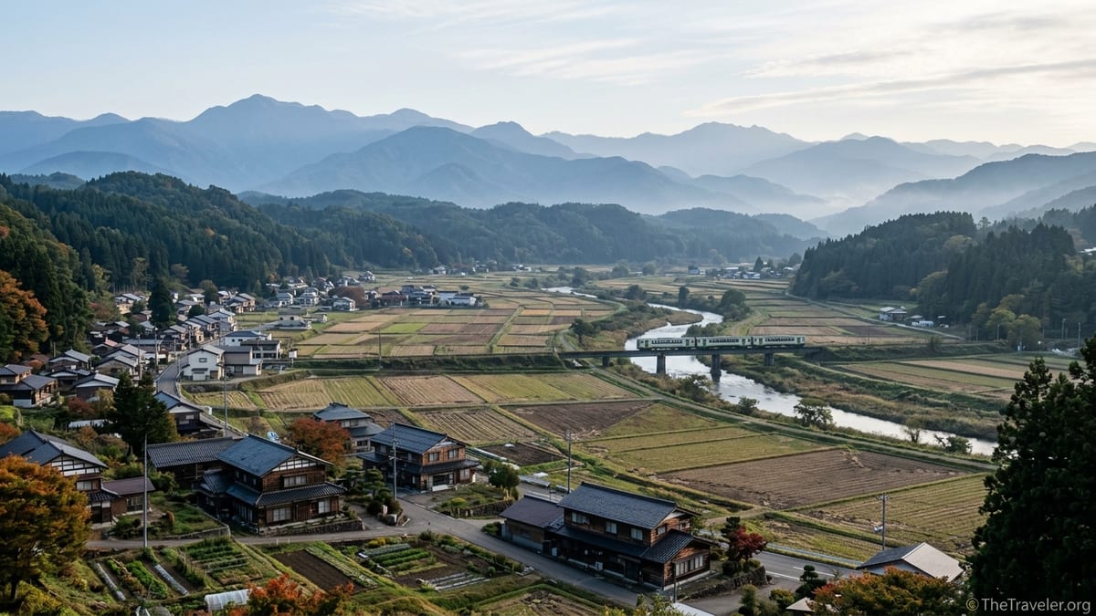 Misty Tohoku countryside with rice fields, river, and low mountains at dawn.