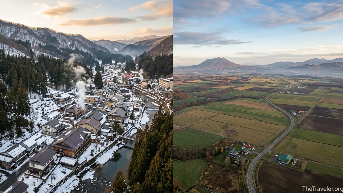 Aerial view of snowy Tohoku onsen town beside wide Hokkaido countryside at sunset.