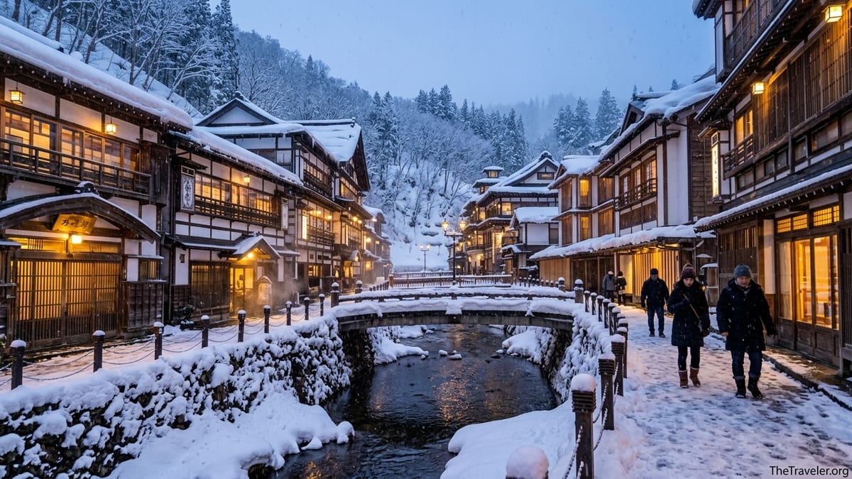 Snow-covered Ginzan Onsen riverfront with glowing wooden ryokan at blue hour in winter.