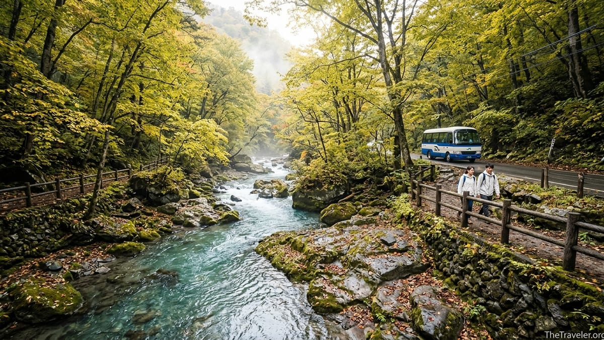 Oirase Gorge stream and forest trail in Tohoku with hikers and a passing bus