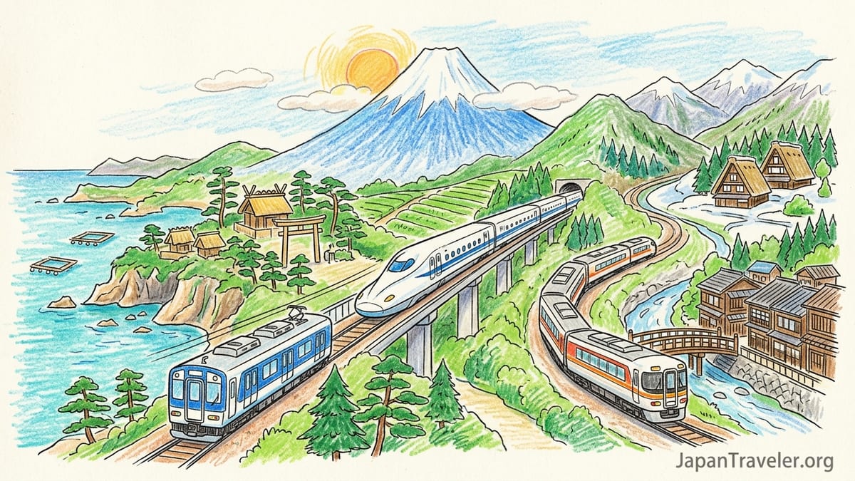 A Shinkansen train crosses rural Tokai with Nagoya skyline and Mount Fuji in the distance.