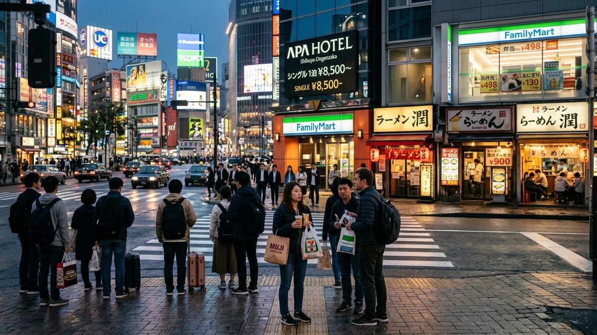 Tokyo street at dusk with hotel, small eateries and convenience store showing price contrast.