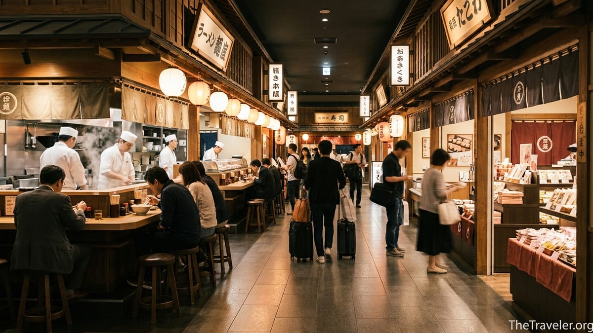 Travelers dining along the Edo-style food street in Tokyo Haneda Airport Terminal 3.