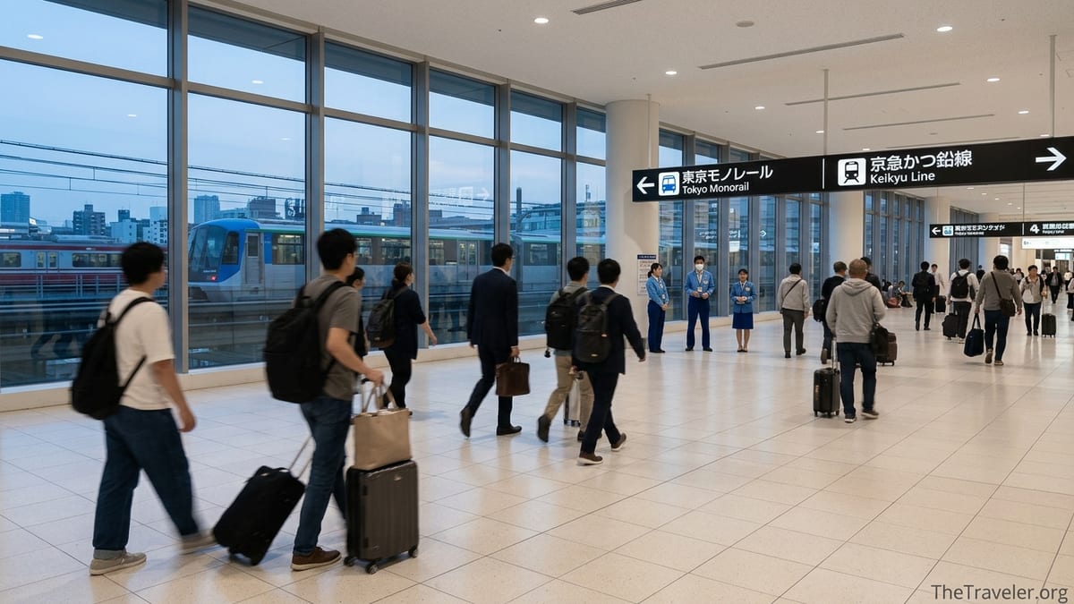 Calm evening scene in Tokyo Haneda Airport Terminal 3 arrivals with travelers heading to city trains.