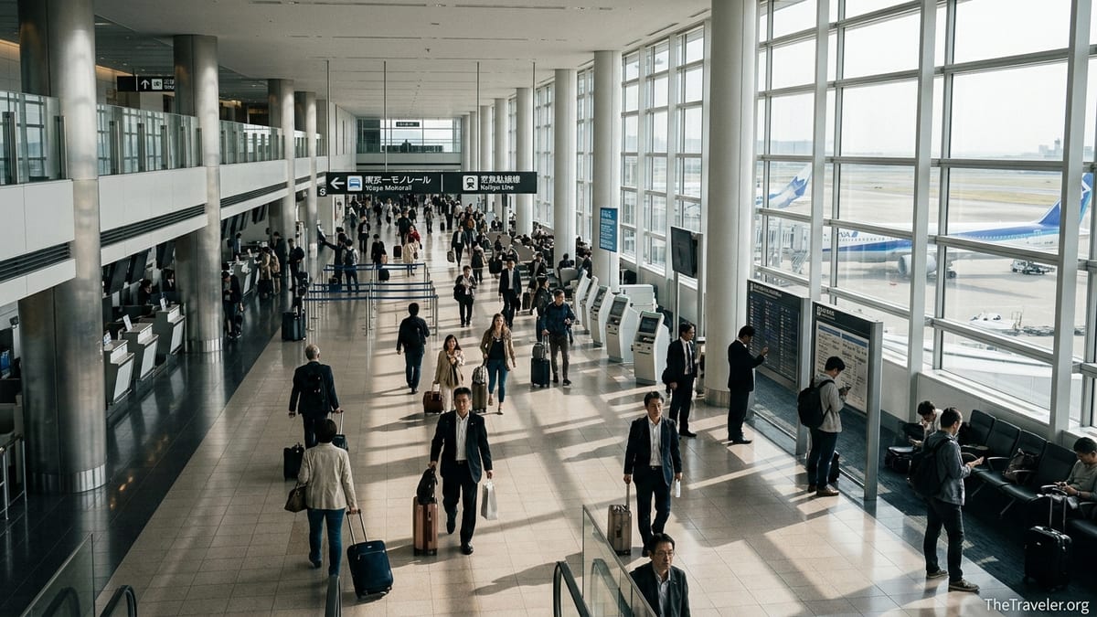 Travelers walking through bright Tokyo Haneda Terminal 3 with runway views.