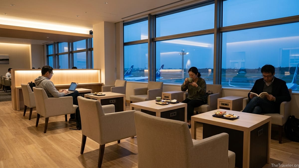 Travelers relaxing in a modern lounge at Tokyo Haneda Airport with runway views.