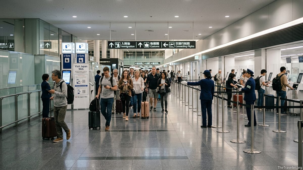 International travelers queue for immigration and customs at Tokyo Haneda Airport Terminal 3.