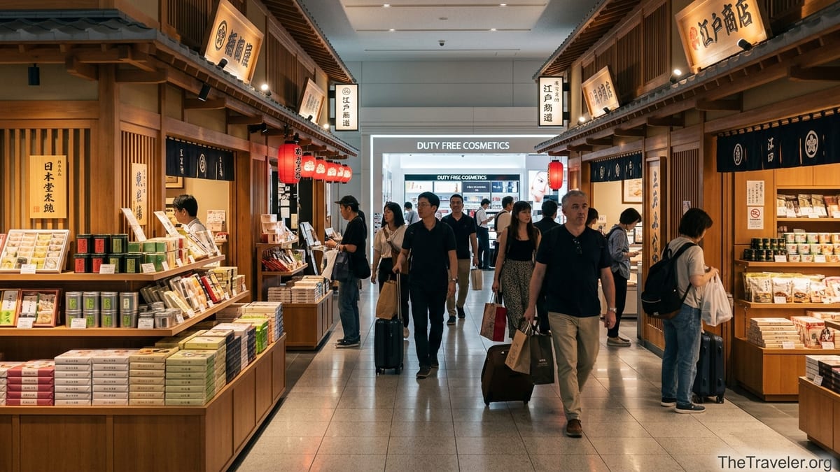 Travelers shopping in Edo-style stores at Tokyo Haneda Airport Terminal 3.