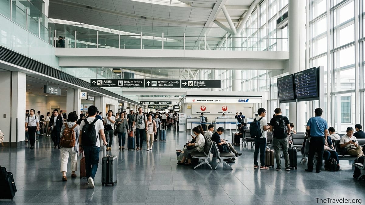Travelers walking through Tokyo Haneda Airport Terminal 3 departures hall with signage and check-in counters visible.
