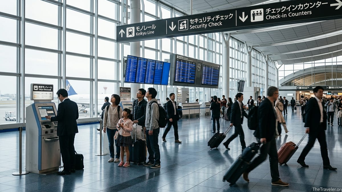 Travelers move quickly through Tokyo Haneda Airport Terminal 3 with clear signs to trains and security.