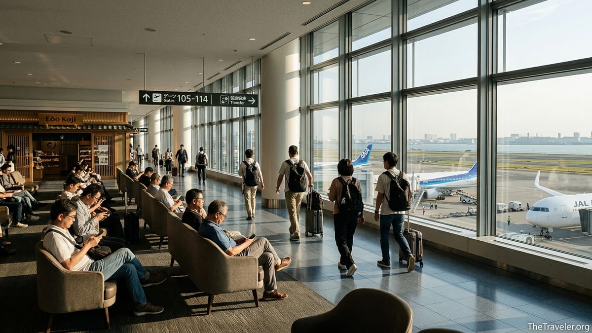 Travelers relaxing near runway-facing windows during a layover at Tokyo Haneda Airport Terminal 3.