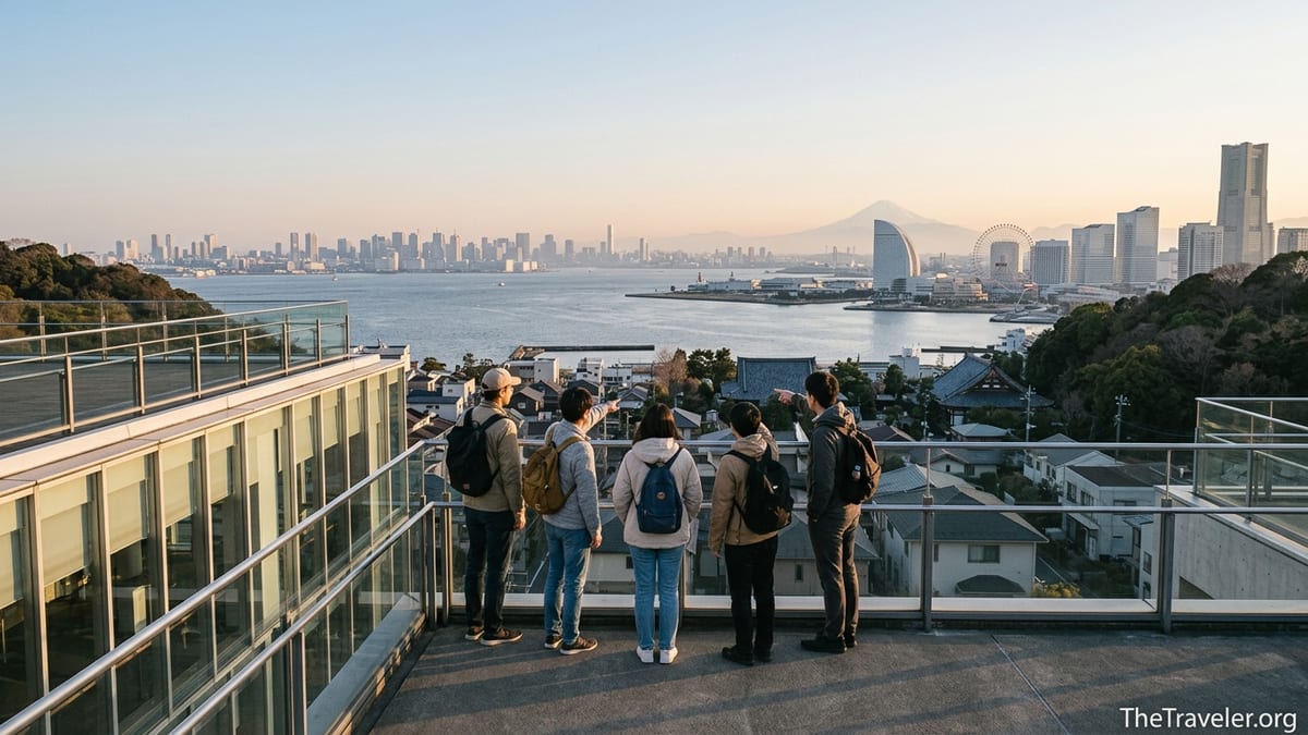 View over Tokyo Bay and Yokohama waterfront at sunset with Mount Fuji on horizon.