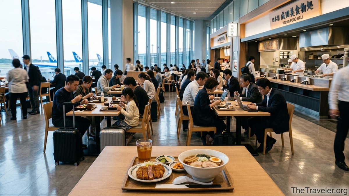Travelers dining in a busy food hall at Tokyo Narita Airport with ramen and gyukatsu on a table.