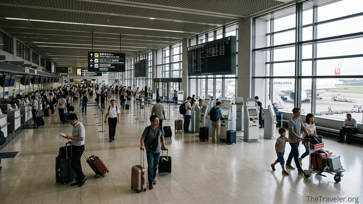 Travelers walking through the bright departures hall of Tokyo Narita Airport.