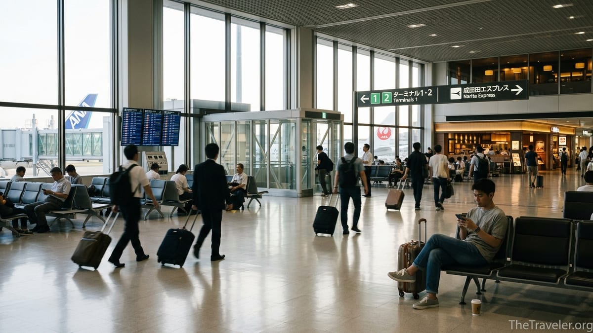 Travelers walking and resting inside Tokyo Narita Airport terminal with planes outside the windows.
