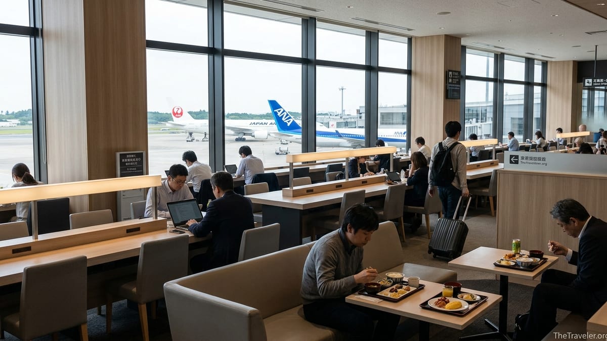 Travelers relaxing in a bright airport lounge at Tokyo Narita with runway views.