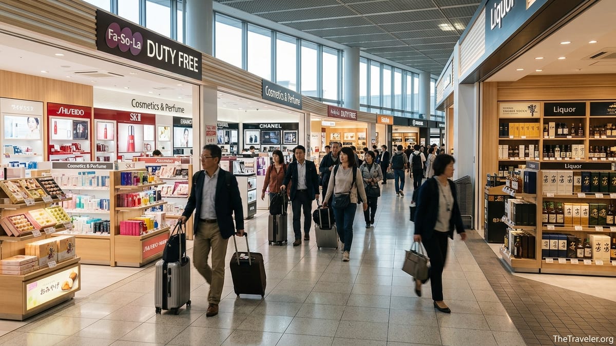 Travelers shop at bright duty-free stores inside Tokyo Narita Airport’s main terminal.