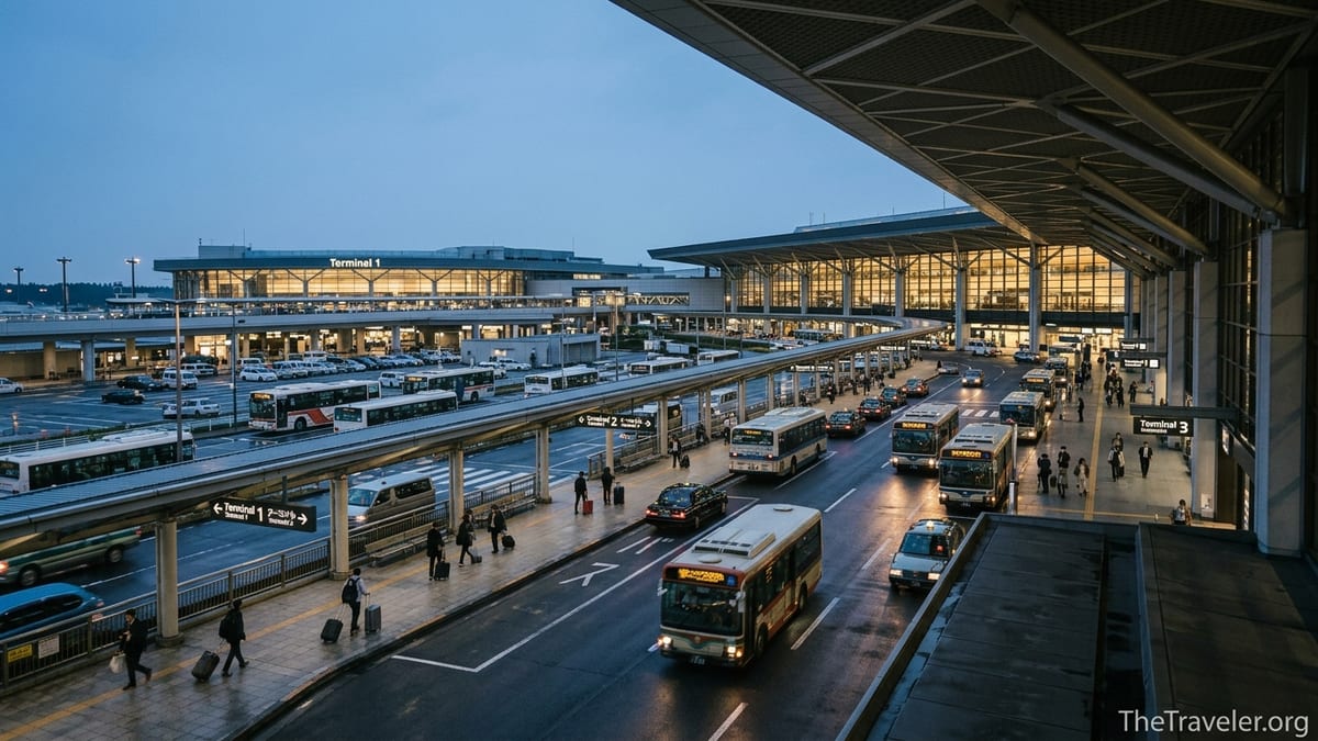 Evening view of Tokyo Narita Airport terminals with signs for Terminals 1, 2 and 3 and travelers outside.