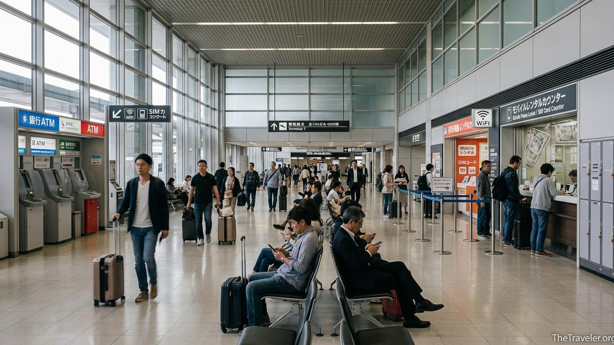 Travelers using WiFi, SIM counters, ATMs and lockers in Tokyo Narita Airport arrivals hall.