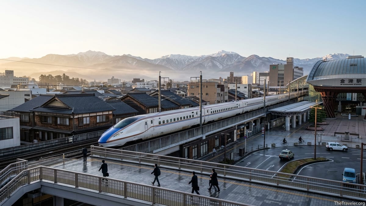 Hokuriku Shinkansen passing through a Japanese city with snow-capped Alps in the distance.