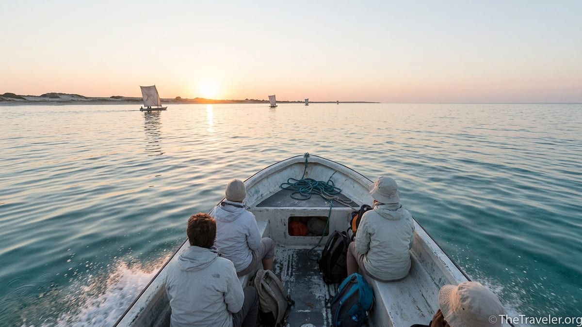 Speedboat leaving Toliara at sunrise, crossing calm Saint-Augustin Bay toward Anakao.