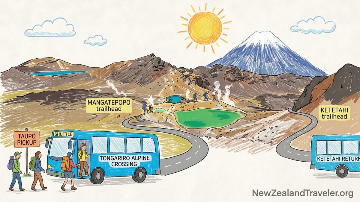 Hikers leaving a shuttle bus at a Tongariro park-and-ride at dawn near Mount Ngauruhoe.