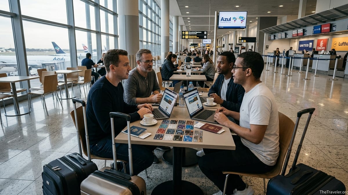 Travelers at an airport café comparing different airline credit cards near Azul gate.