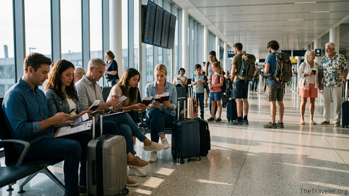 Travelers in an airport terminal reviewing documents and luggage before a trip.