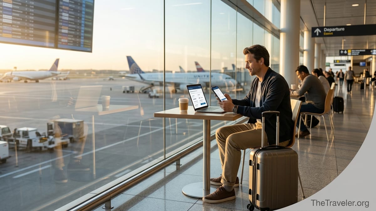Traveler comparing flexible payment options on a laptop at an airport cafe at sunrise.