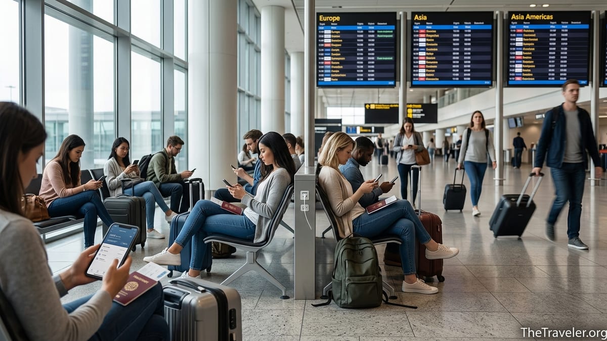 Travelers in an airport departure hall checking eSIM apps on their phones.