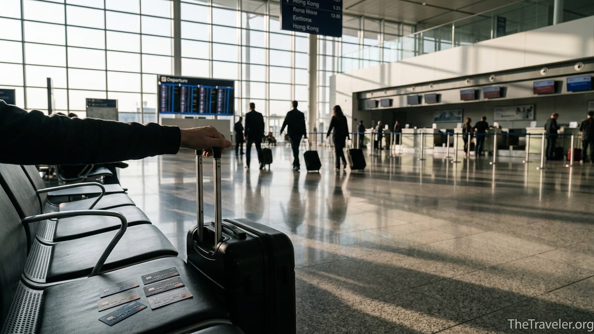 Traveler in a bright airport terminal with credit cards and carry-on luggage.