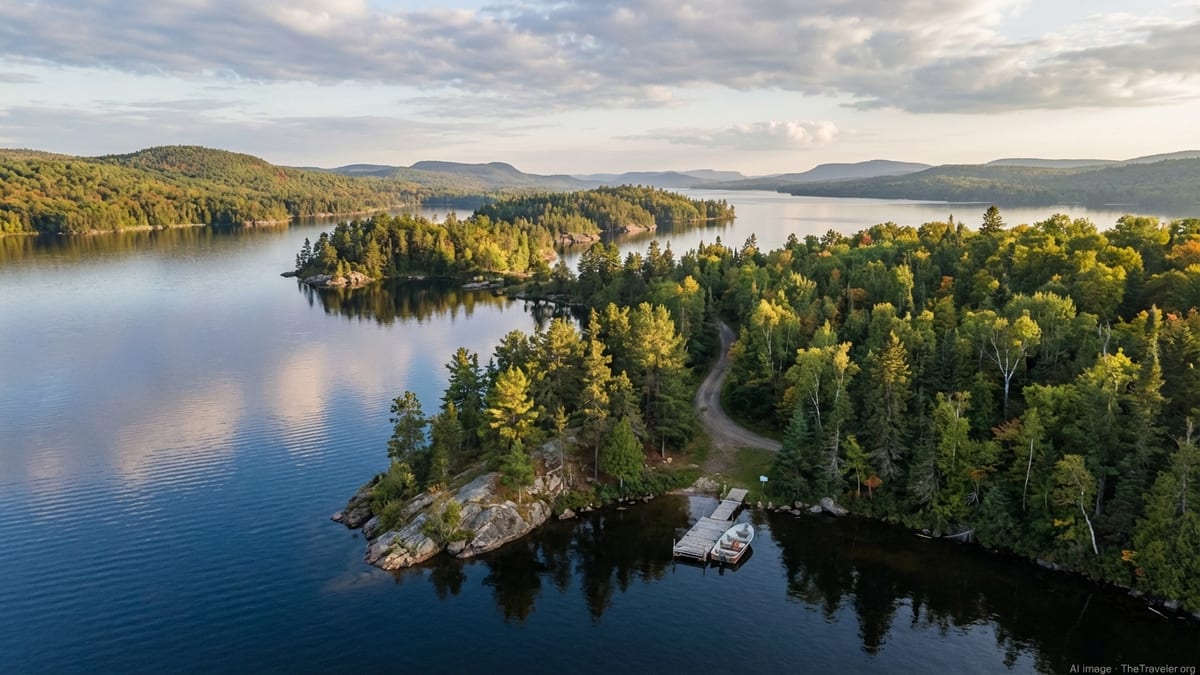 Aerial view of forested islands and rocky shoreline on a calm northern lake at golden hour.