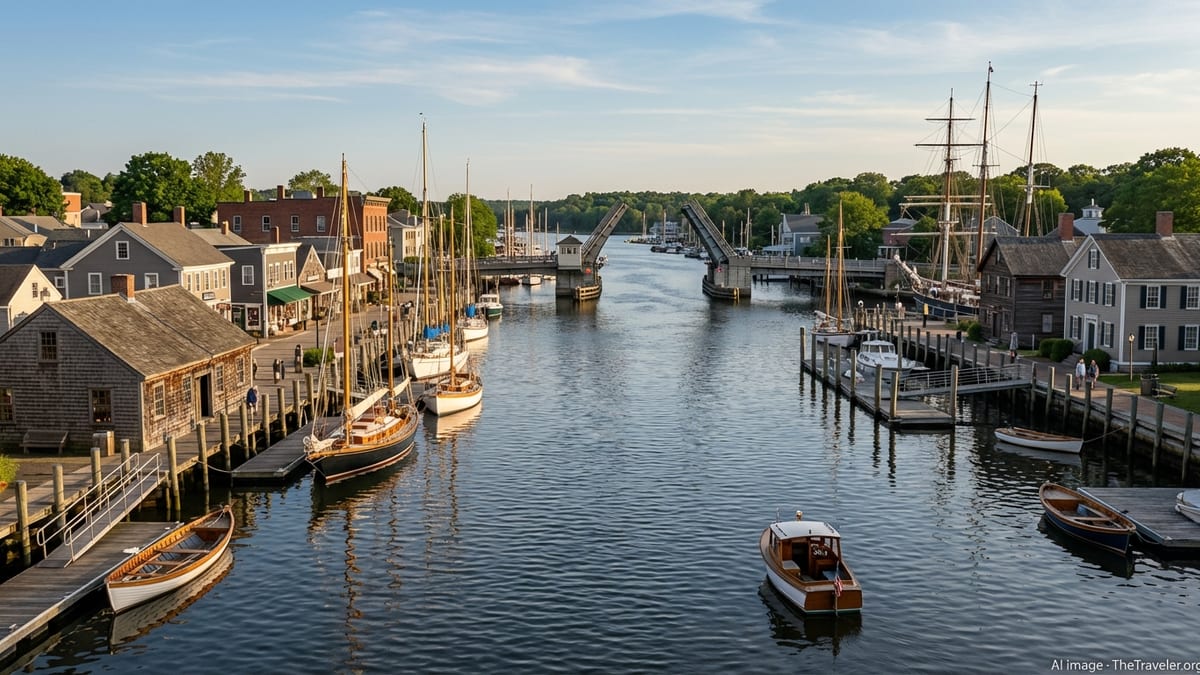 Panoramic view of Mystic, Connecticut waterfront with sailboats, historic buildings, and drawbridge at golden hour.