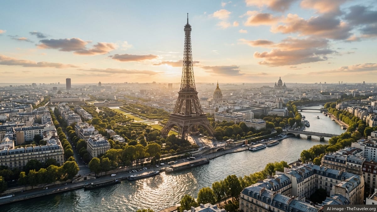 Aerial view of the Eiffel Tower and central Paris at golden hour.