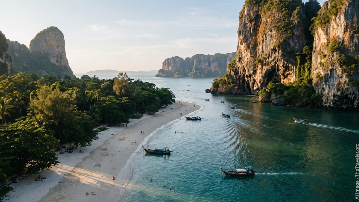 Aerial view of Railay Beach in Krabi, Thailand, with turquoise water, limestone cliffs and longtail boats at golden hour.