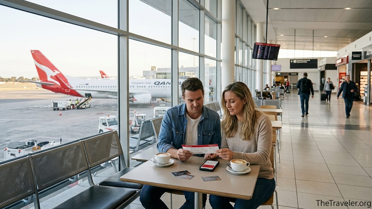 Australian couple in an airport café with Qantas plane outside and credit cards on the table.