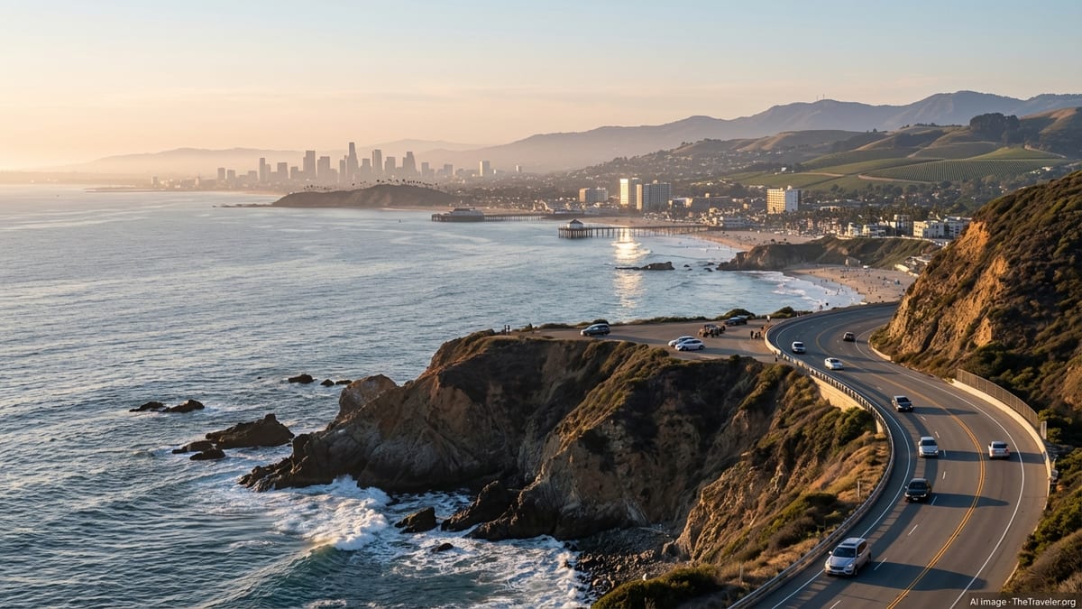 Aerial view of California coastal highway curving along cliffs at golden hour.