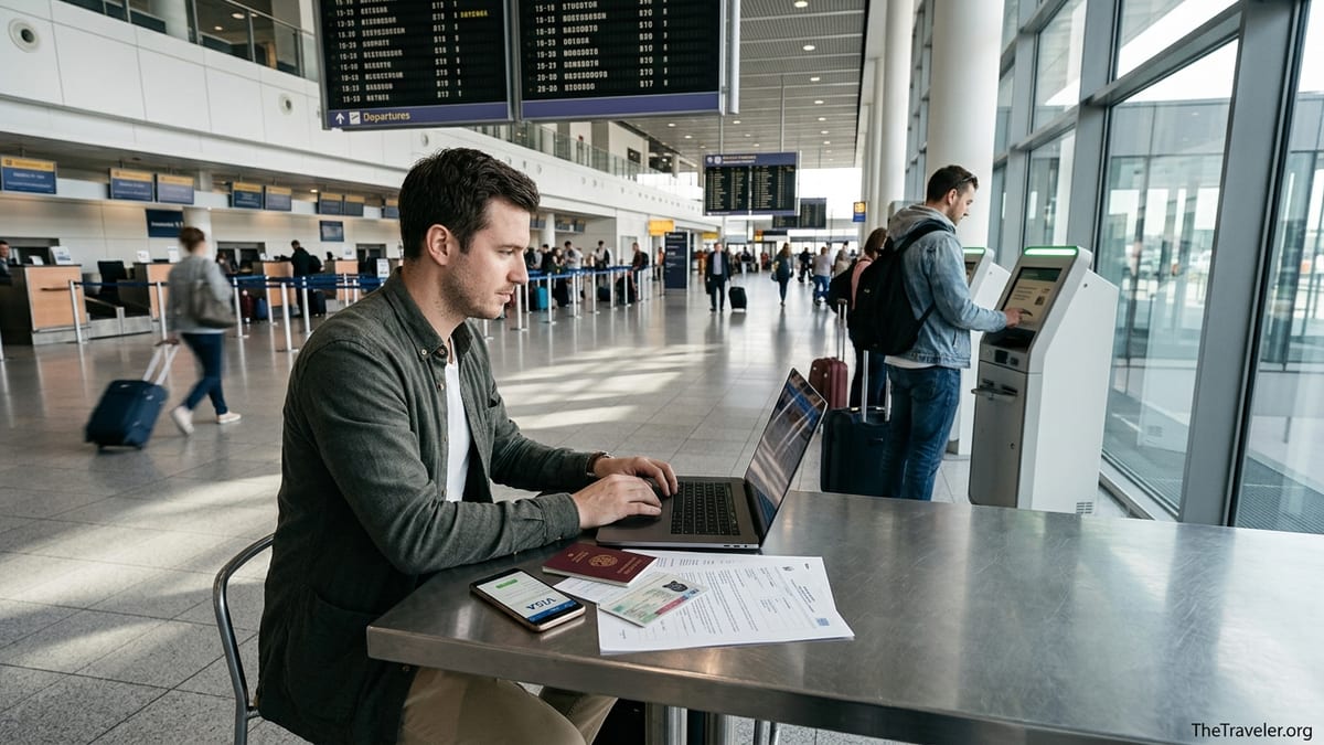 Traveler reviewing visa documents and passport on a laptop in a busy airport terminal.