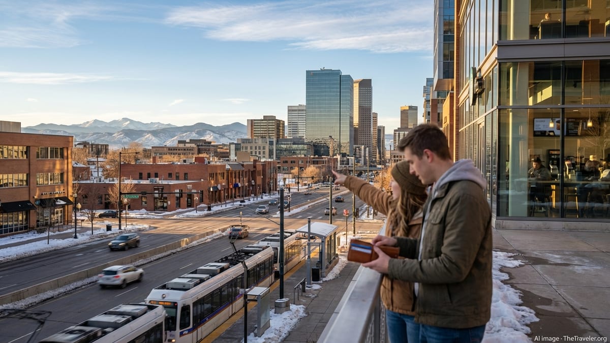 Couple overlooking downtown Denver skyline at sunset holding a credit card