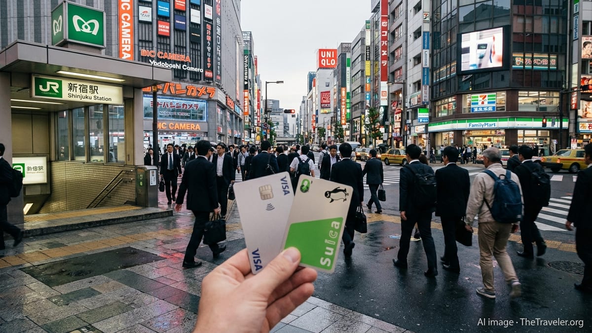 Traveler holding a credit card and Suica IC card on a busy Tokyo street in 2026.