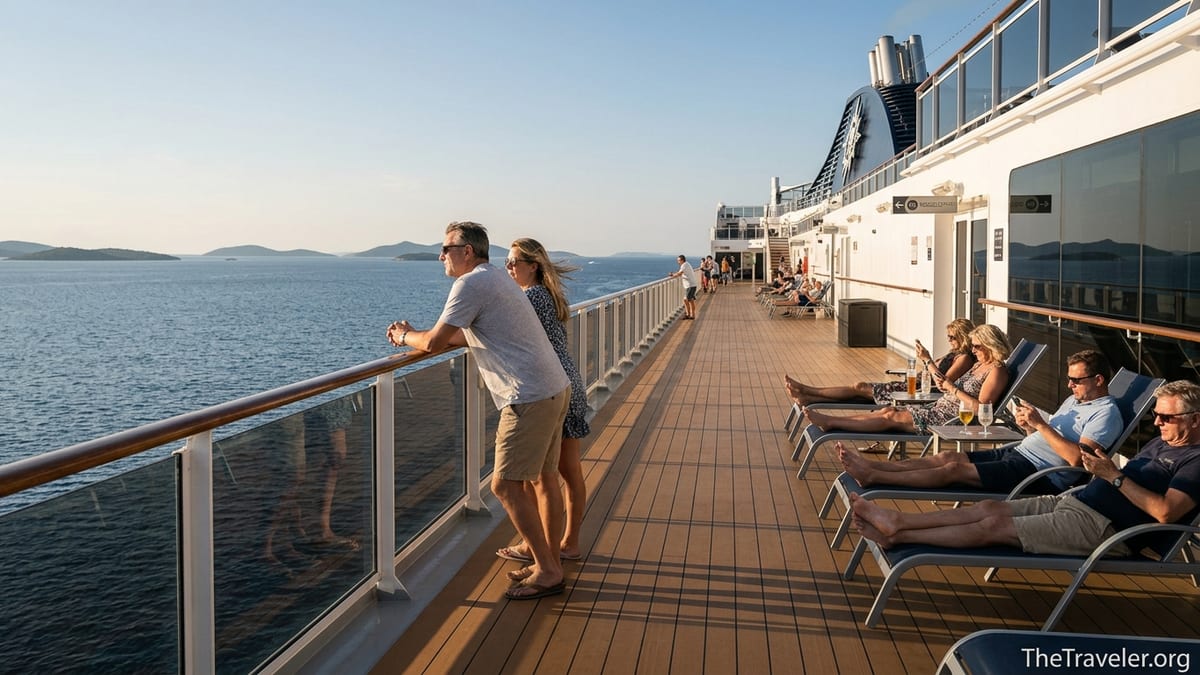 Passengers on an MSC cruise ship deck at sunset overlooking the sea