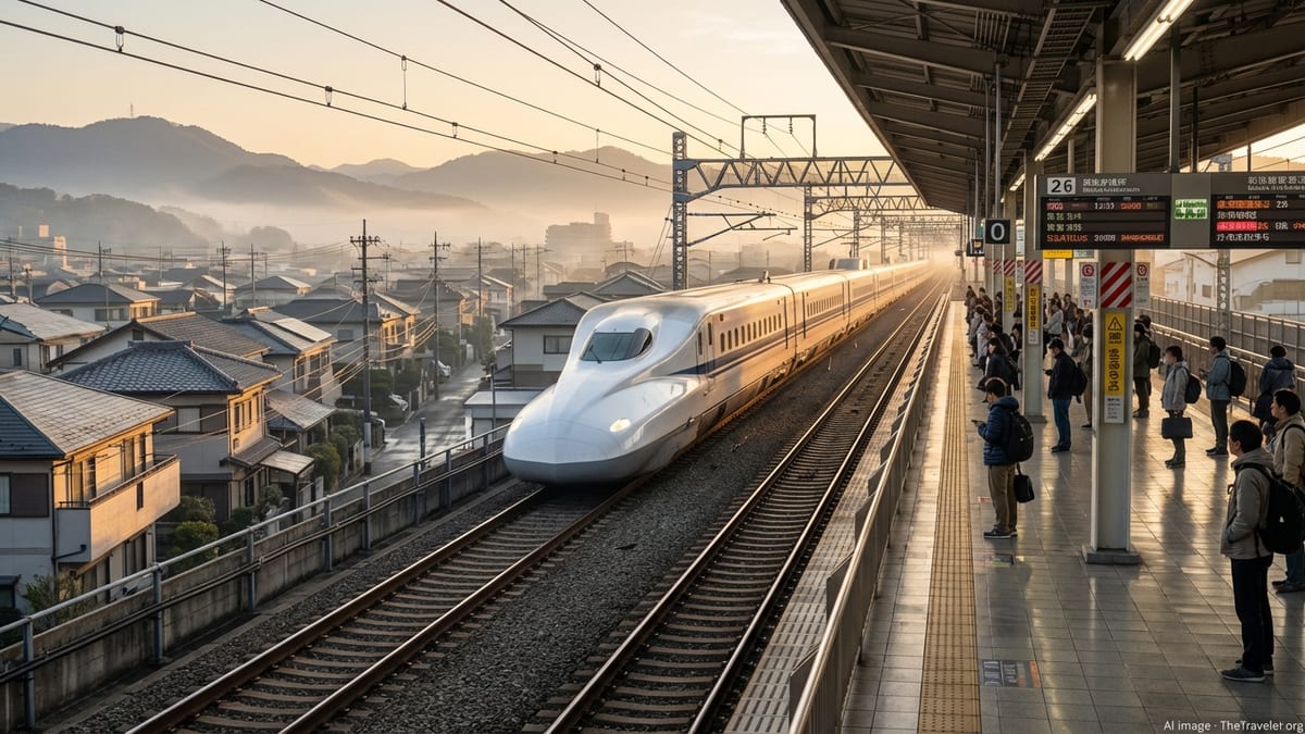 Morning commuters on a Japanese train platform as a Shinkansen passes by.