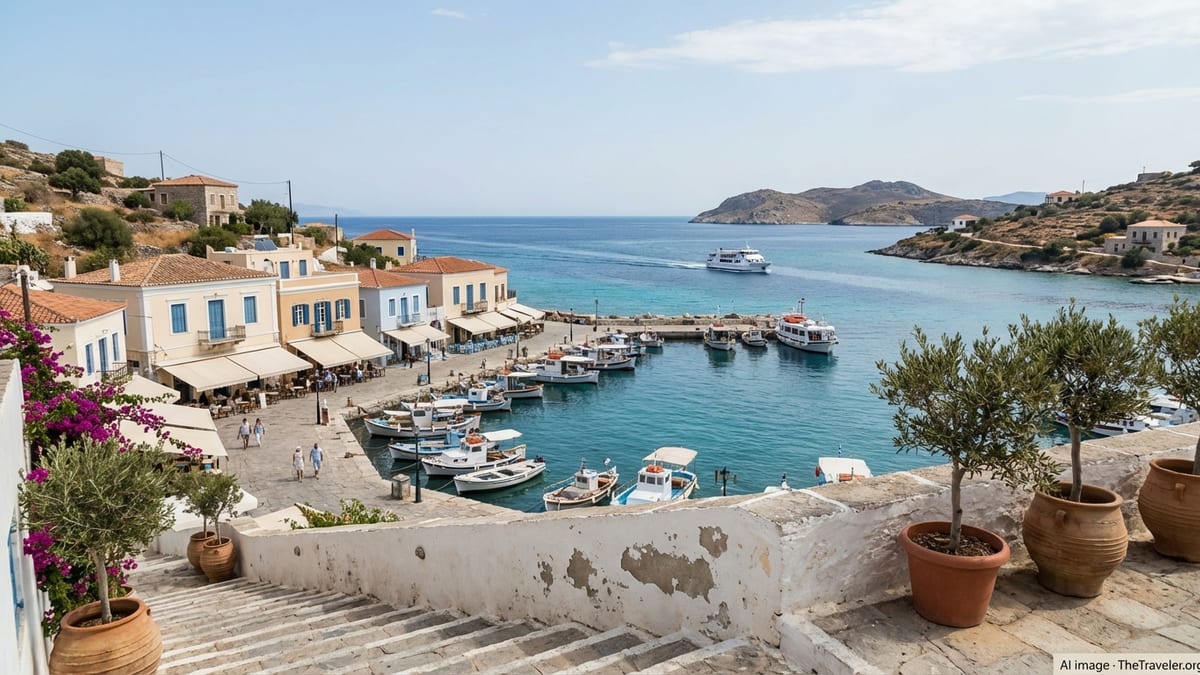 Sunlit Greek island harbor with fishing boats, pastel houses and blue sea seen from a hillside terrace.